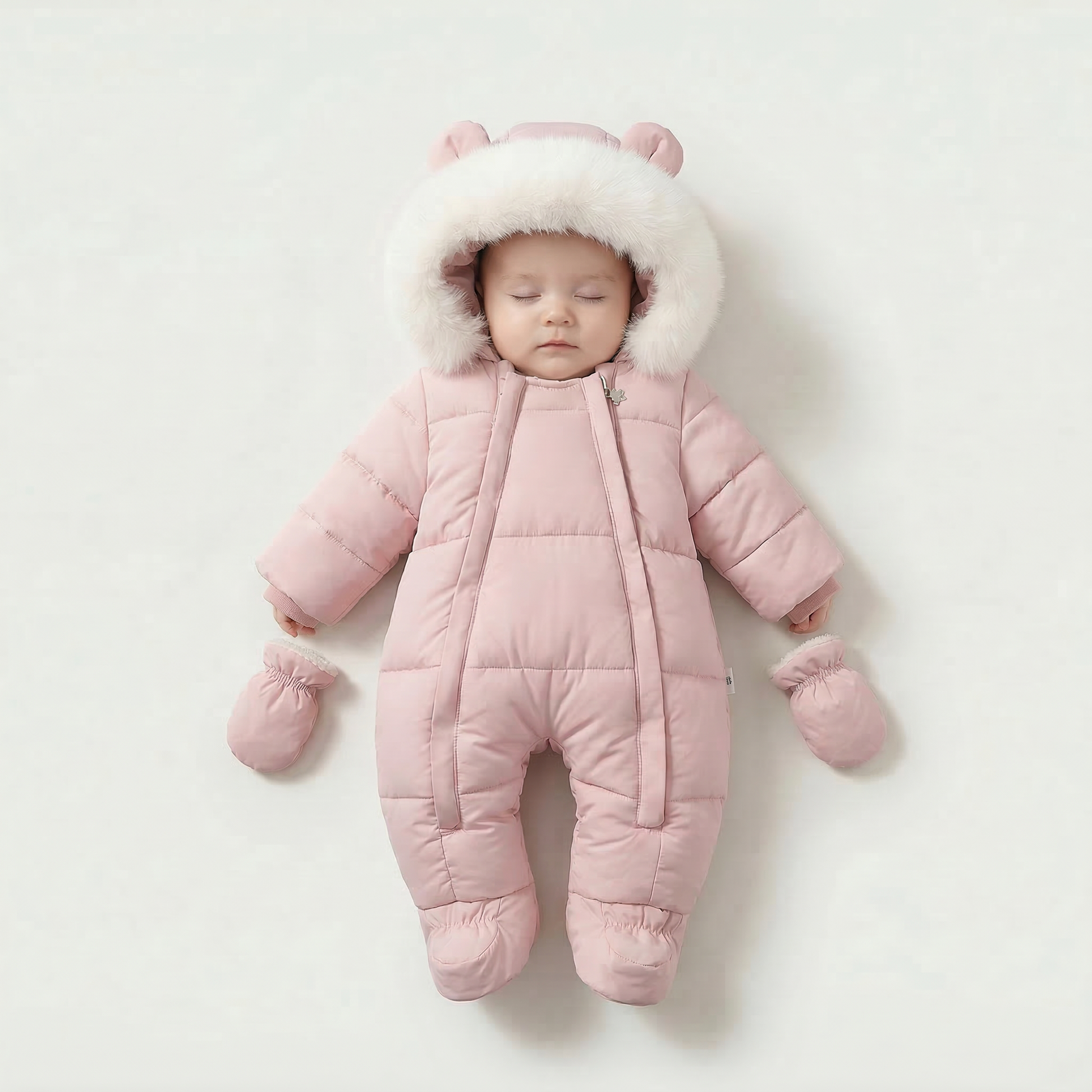 Baby in a pink snowsuit with fur hood on a white background