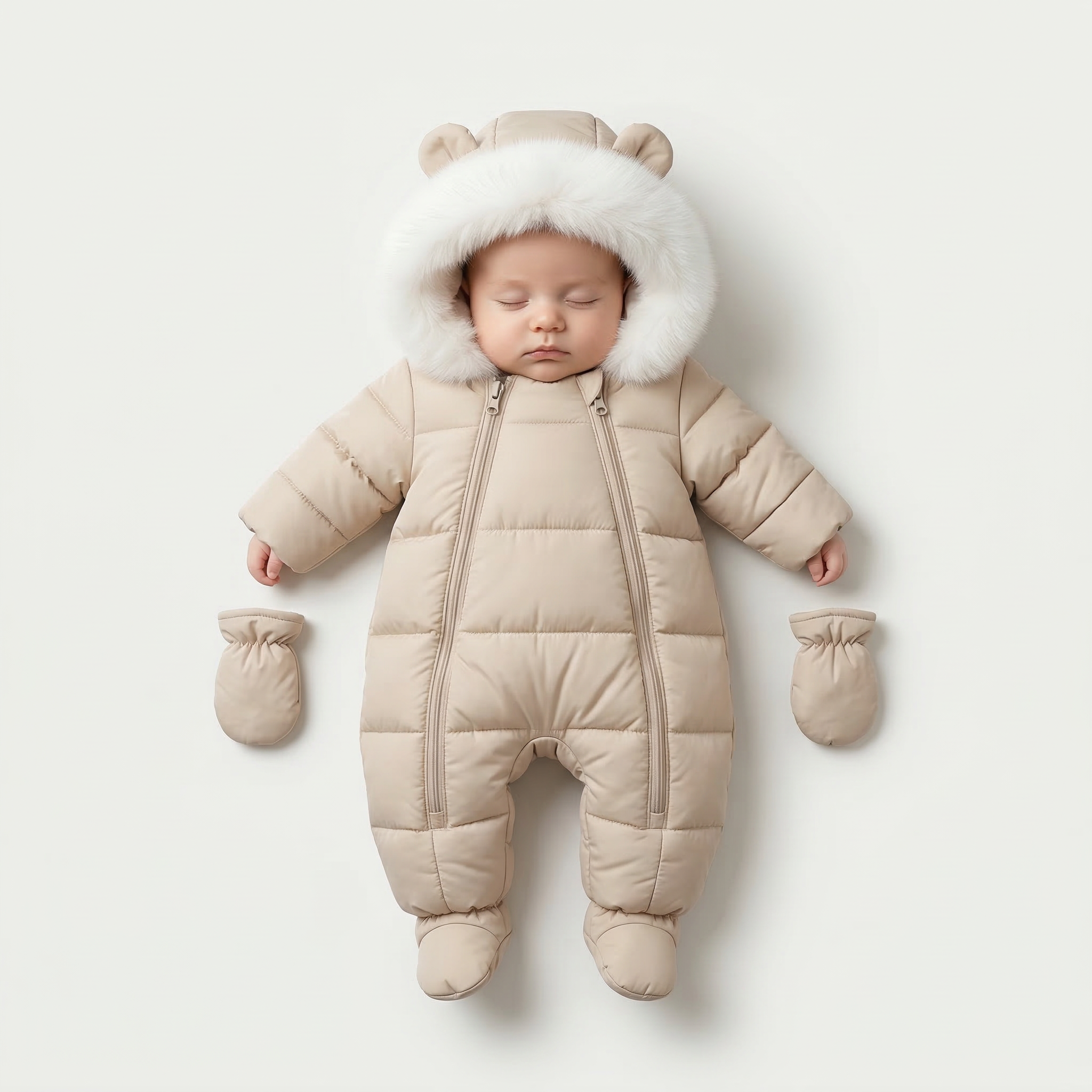 Baby in a beige puffer snowsuit with fur hood on a light gray background