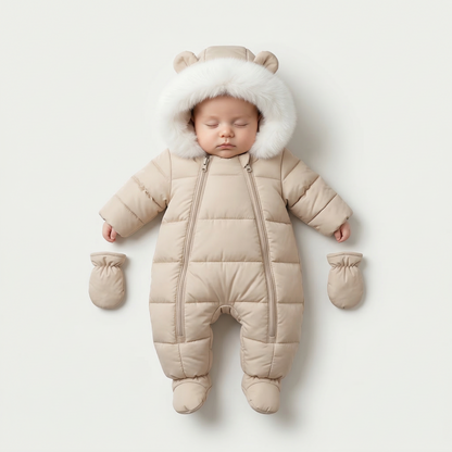 Baby in a beige puffer snowsuit with fur hood on a light gray background