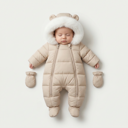 Baby in a beige puffer snowsuit with fur hood on a light gray background