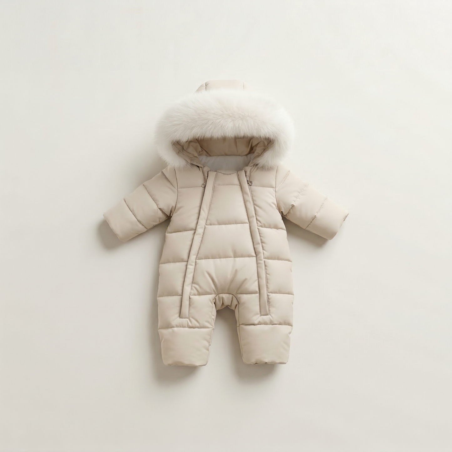 Beige baby snowsuit with fur hood on a light beige background