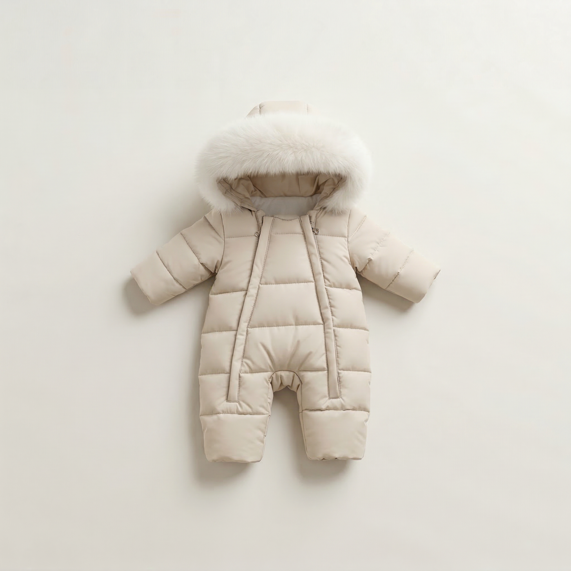 Beige baby snowsuit with fur hood on a light beige background