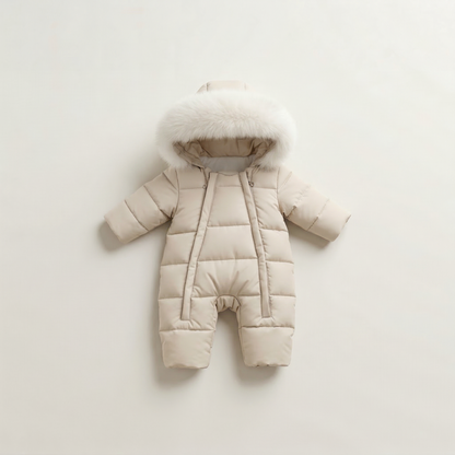 Beige baby snowsuit with fur hood on a light beige background