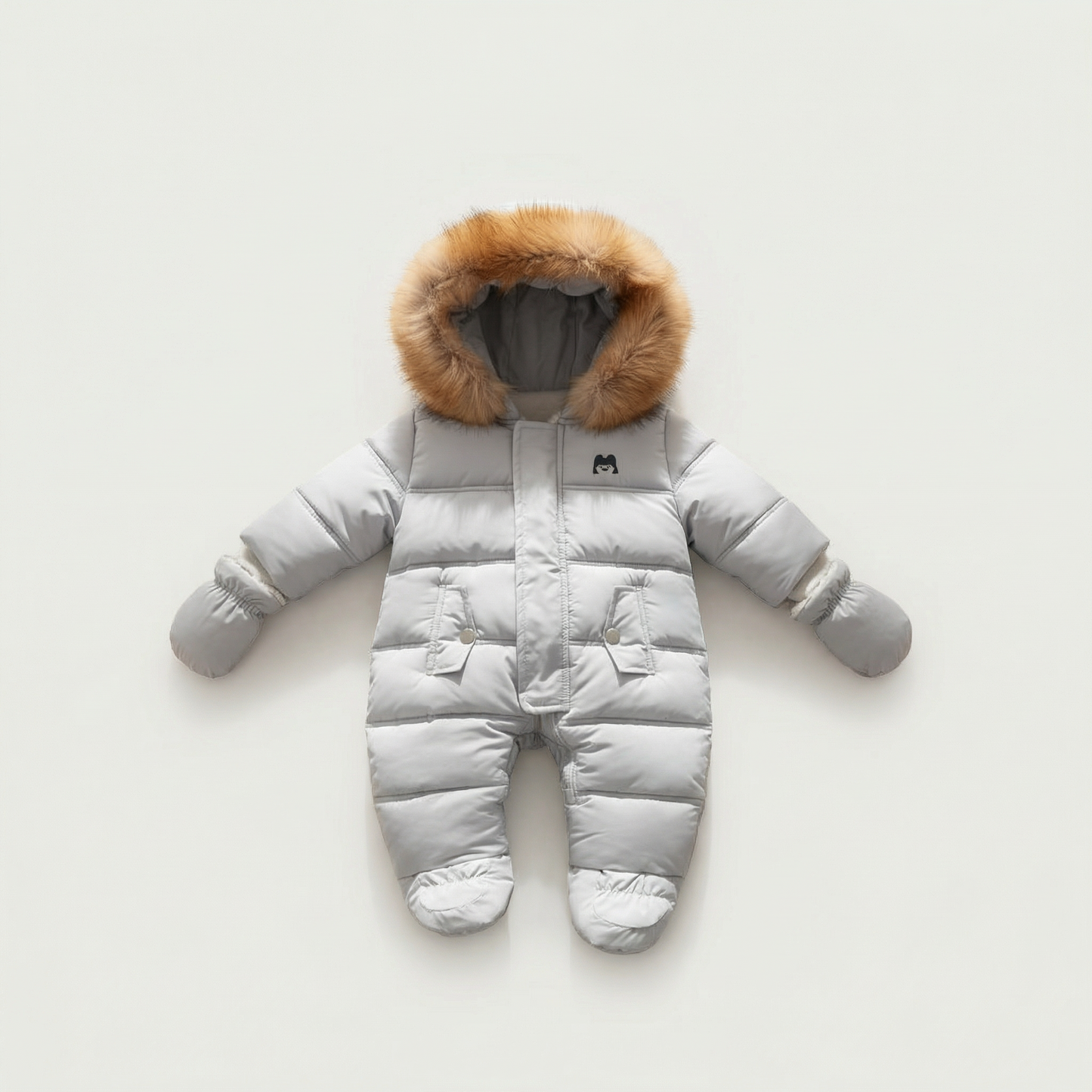 Gray baby snowsuit with fur hood on a light gray background
