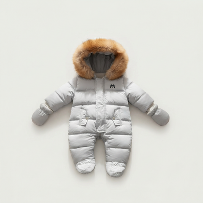 Gray baby snowsuit with fur hood on a light gray background
