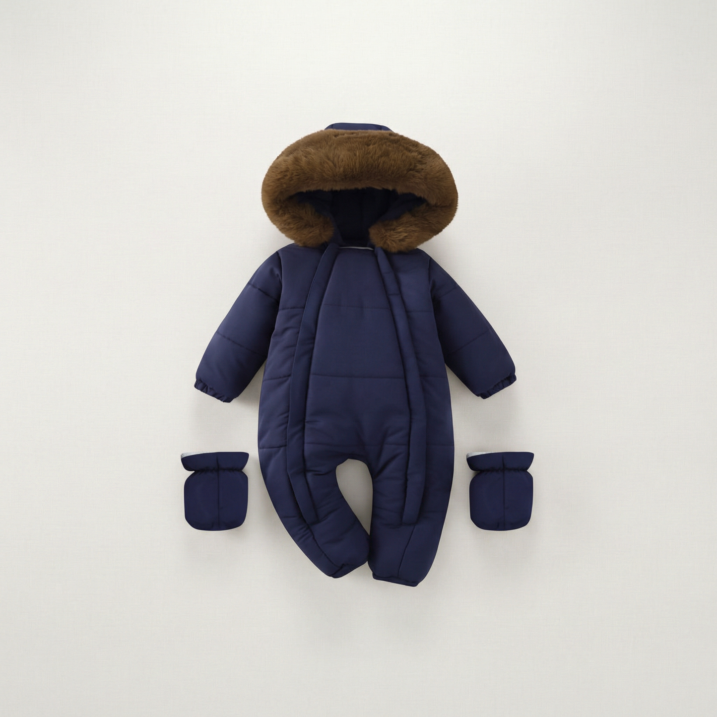 Navy blue baby snowsuit with brown fur hood on a white background