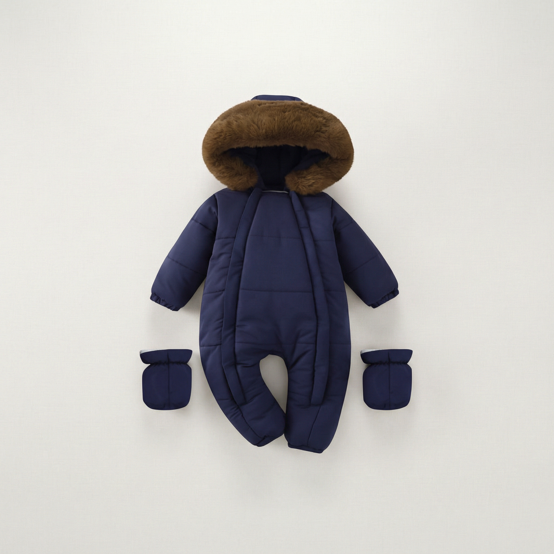 Navy blue baby snowsuit with brown fur hood on a white background