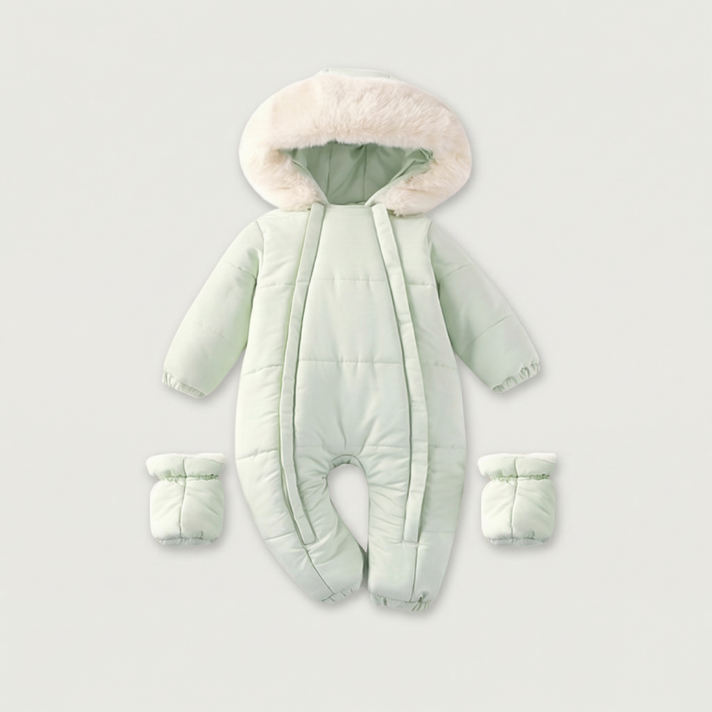 Light green baby snowsuit with white fur hood on a light gray background