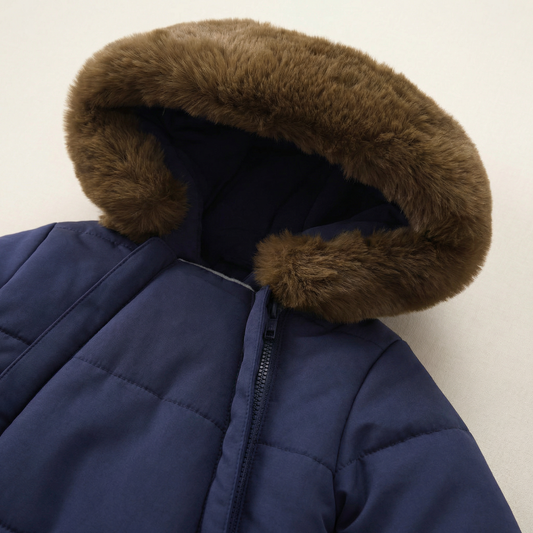 Blue winter coat with brown fur hood on a light beige background