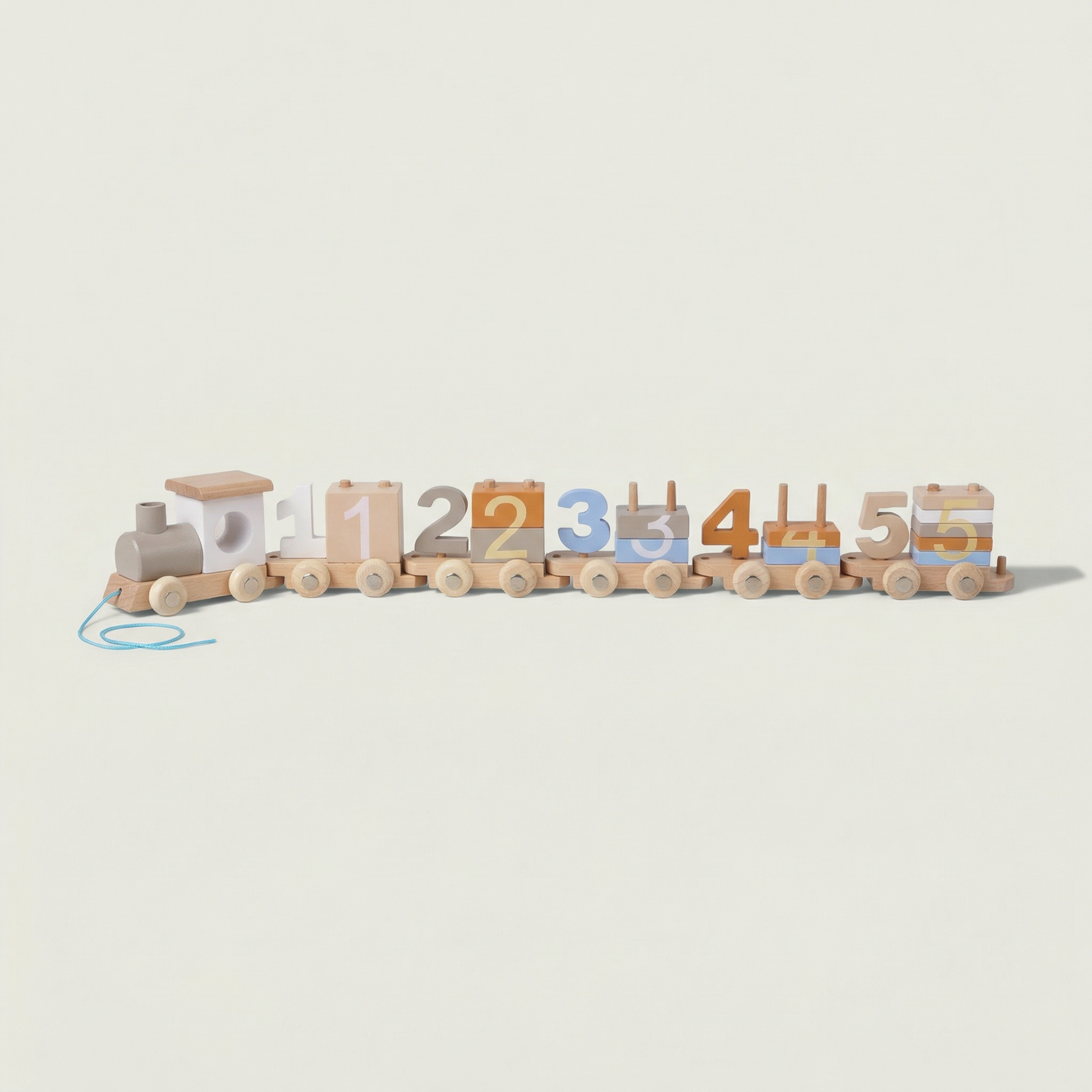 Wooden toy train with numbered cars on a light gray background