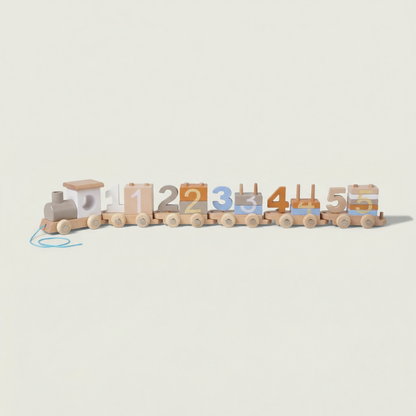Wooden toy train with numbered cars on a light gray background