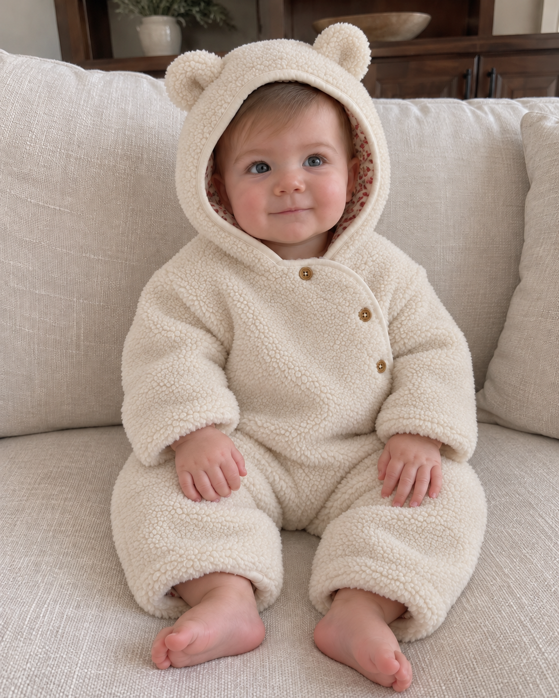 Baby wearing the cream Teddy romper with both bear ears, floral hood lining and three wooden buttons visible