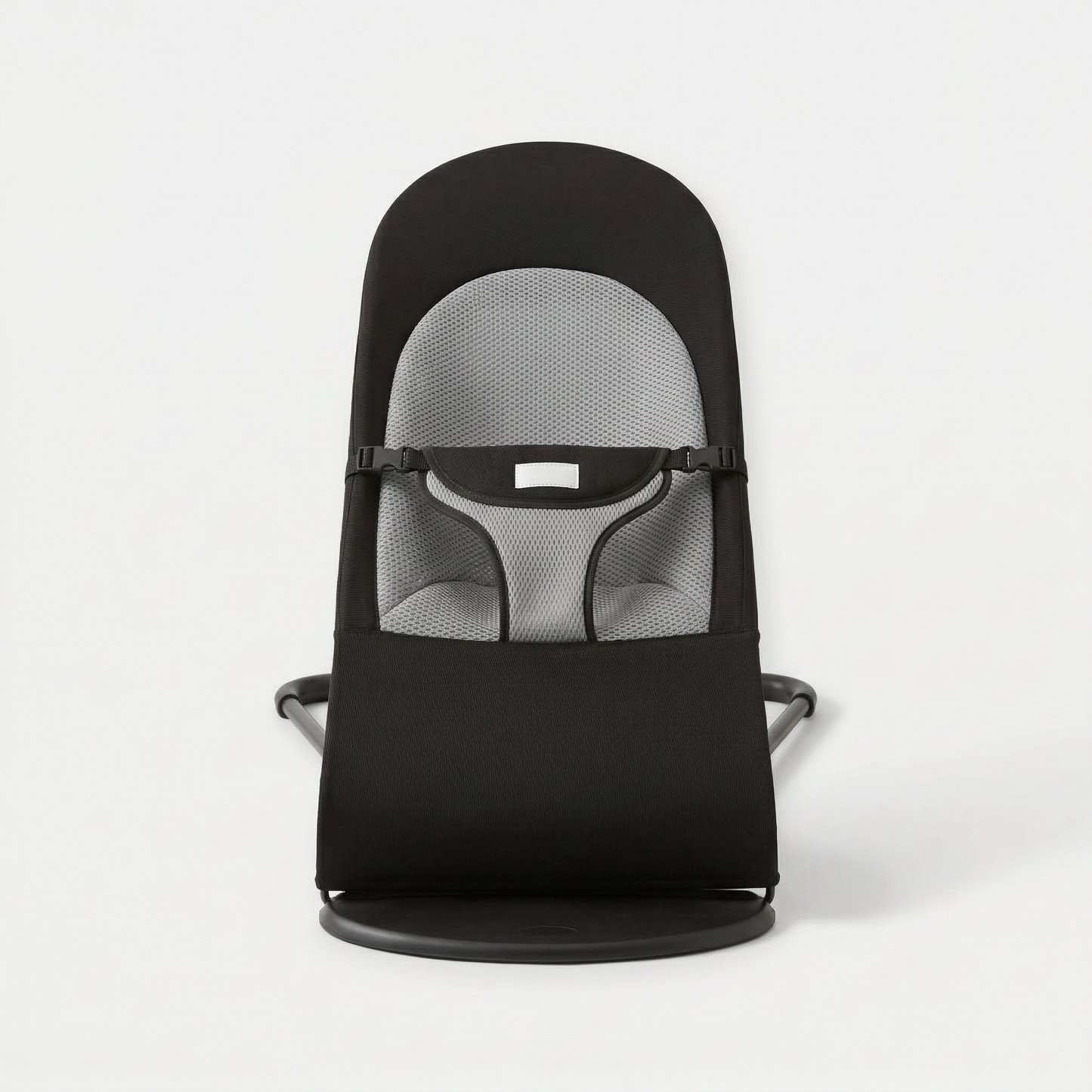 Black baby bouncer with gray mesh seat on a white background