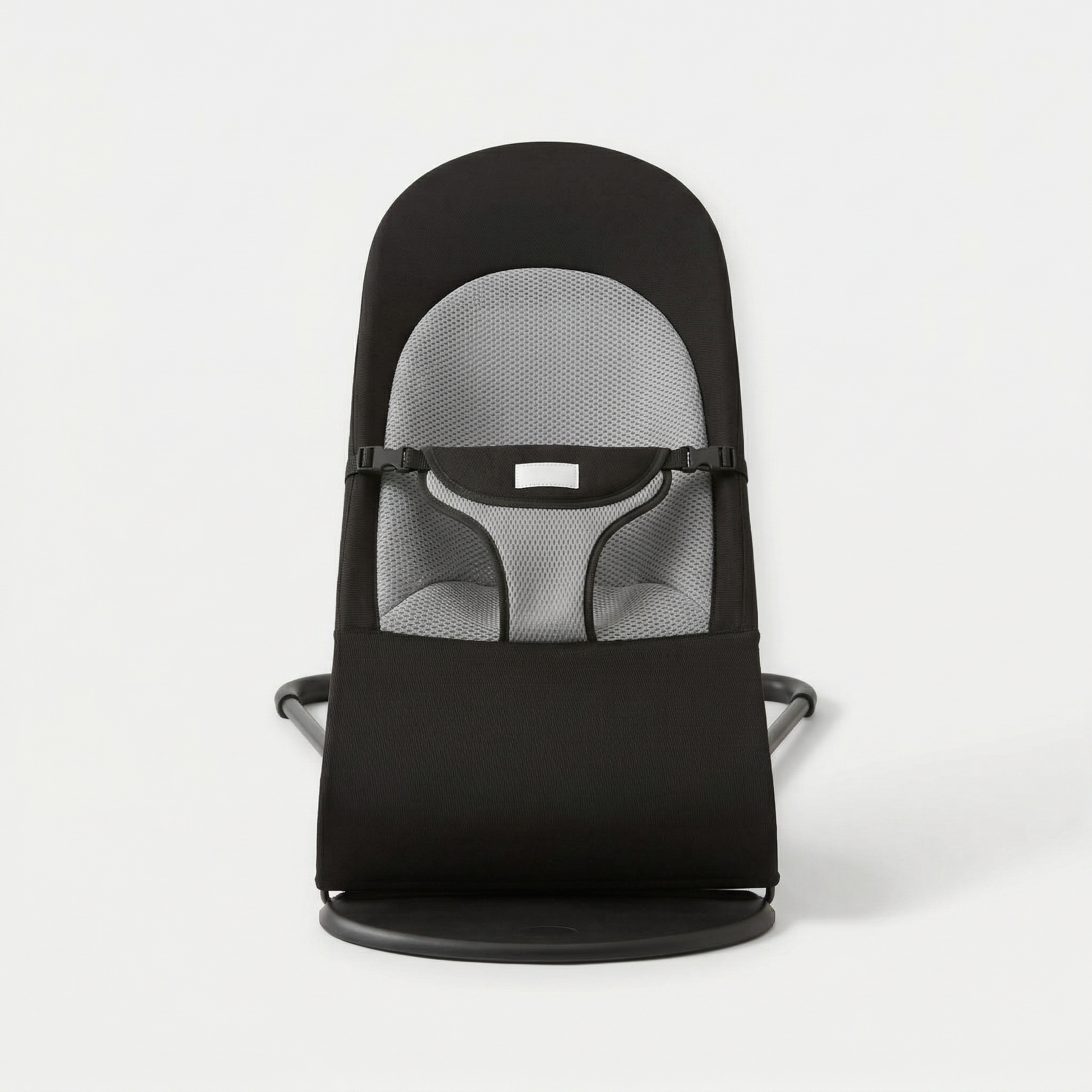 Black baby bouncer with gray mesh seat on a white background