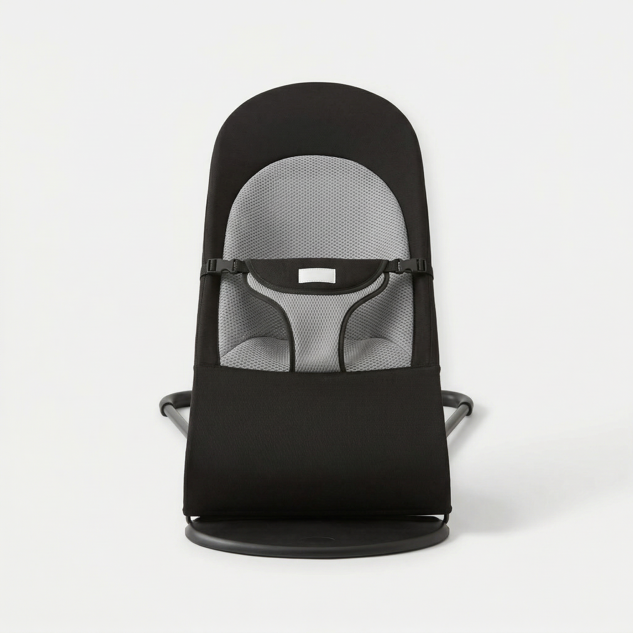 Black baby bouncer with gray mesh seat on a white background