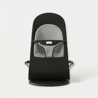 Black baby bouncer with gray mesh seat on a white background