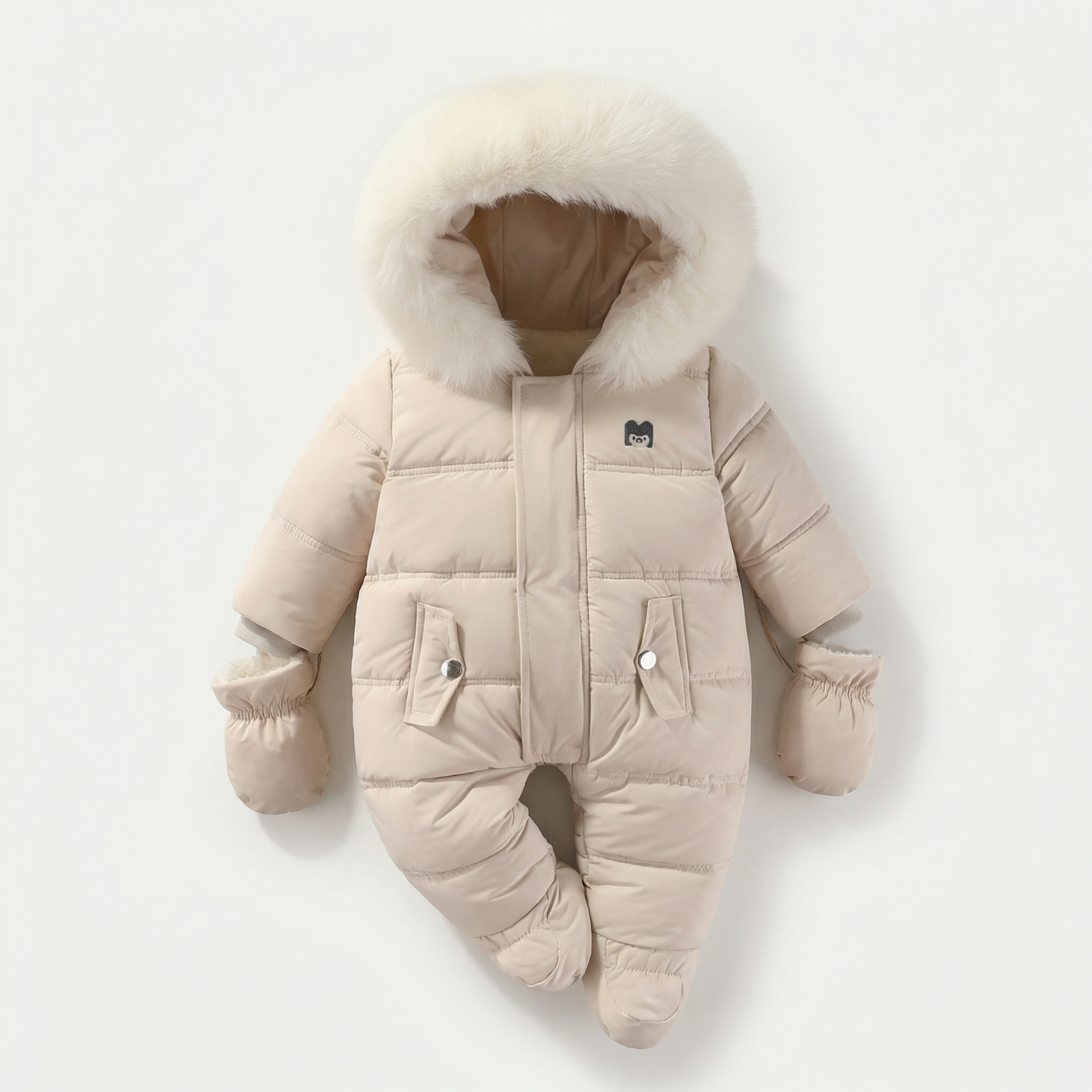 Beige baby snowsuit with fur hood on a white background
