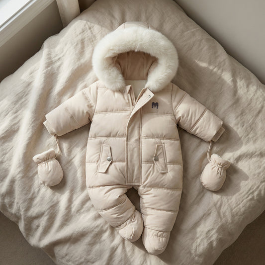 Beige baby snowsuit with fur hood on a soft surface