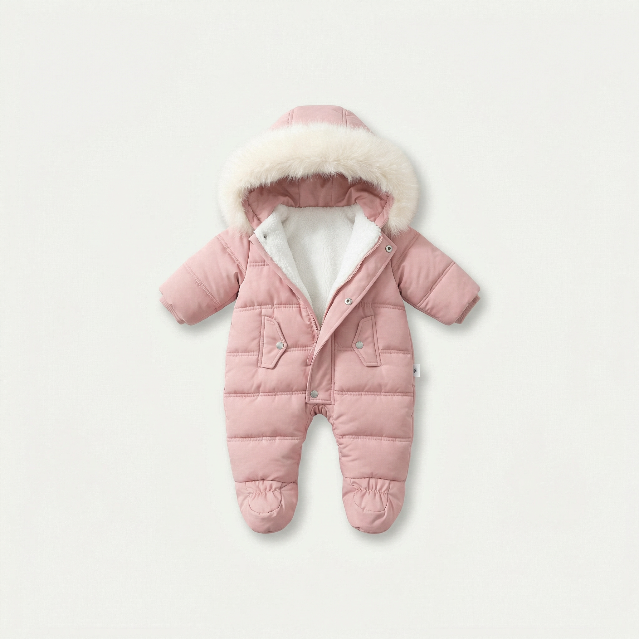 Pink baby snowsuit with fur hood on a light gray background