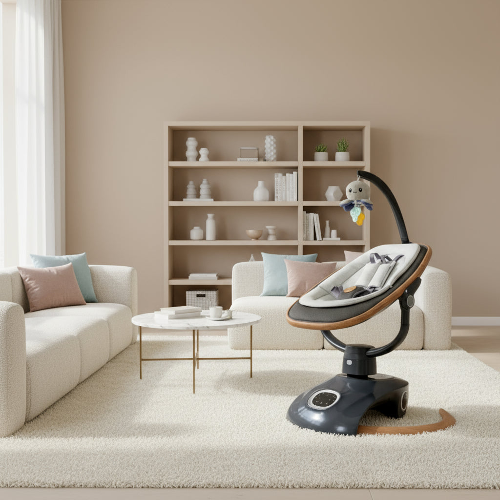 Modern living room with a baby bouncer, sofa, and bookshelf.