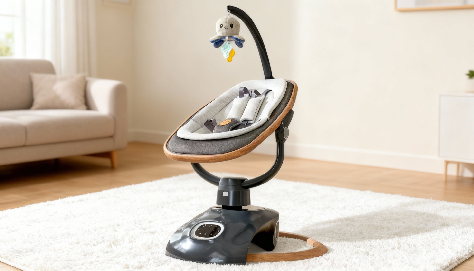 Baby swing in a room with a couch and rug