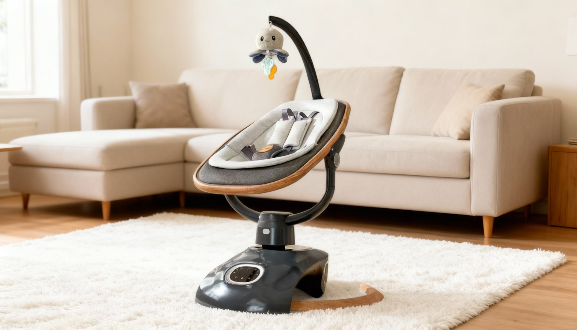 Baby bouncer in a living room with a couch and rug.