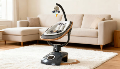 Baby bouncer in a living room with a couch and rug.