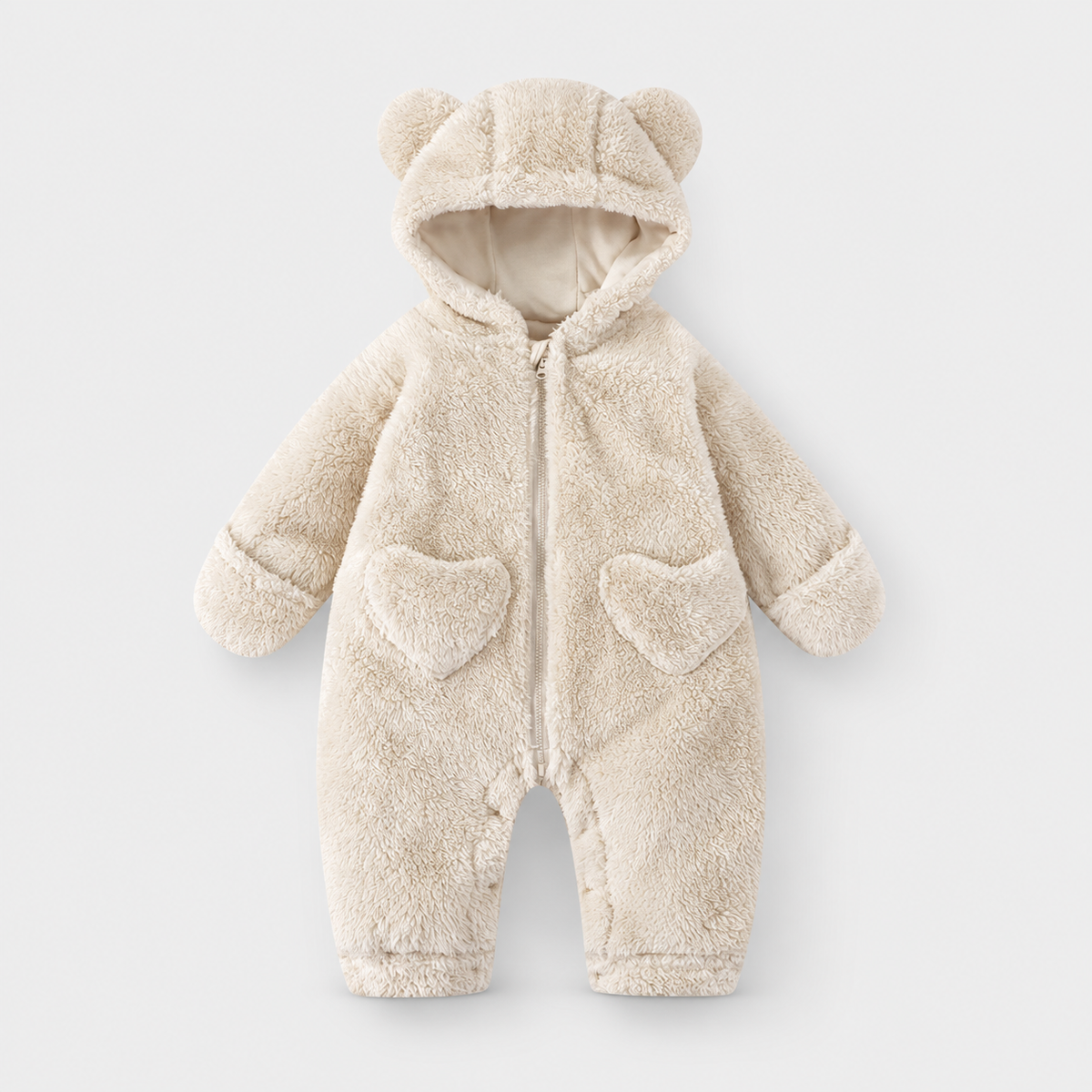 Heart Pocket Bear Jumpsuit — Off-White — front view