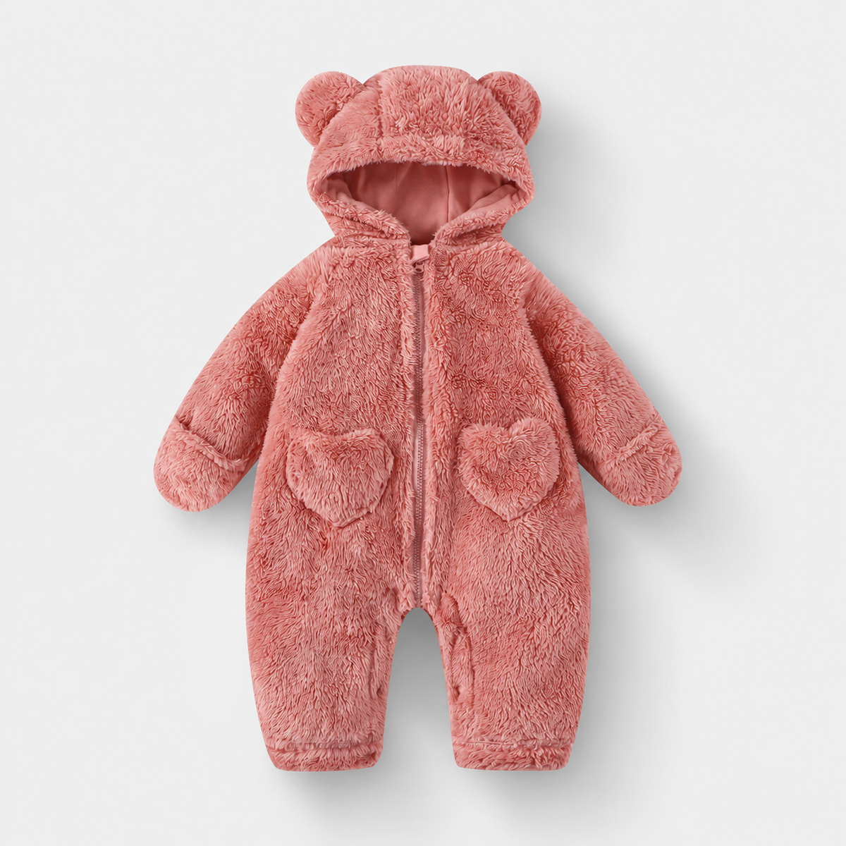 Heart Pocket Bear Jumpsuit — Dusty Pink — front view