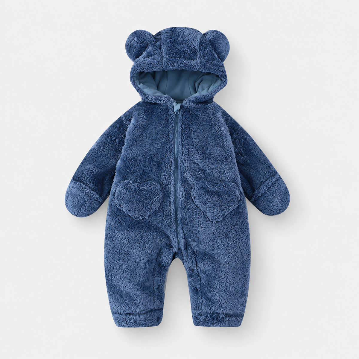 Heart Pocket Bear Jumpsuit — Blue — front view