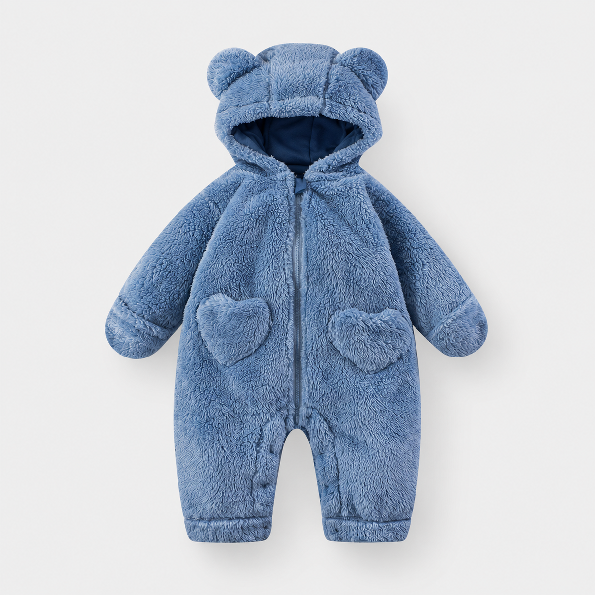 Heart Pocket Bear Jumpsuit — Light Blue — front view