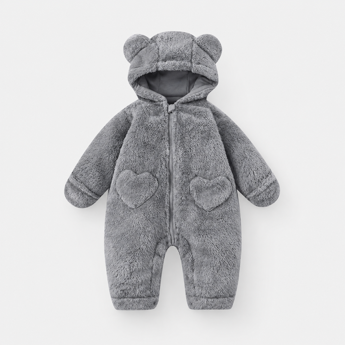 Heart Pocket Bear Jumpsuit — Grey — front view