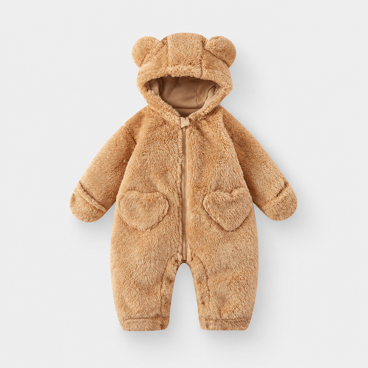 Heart Pocket Bear Jumpsuit — Camel — front view