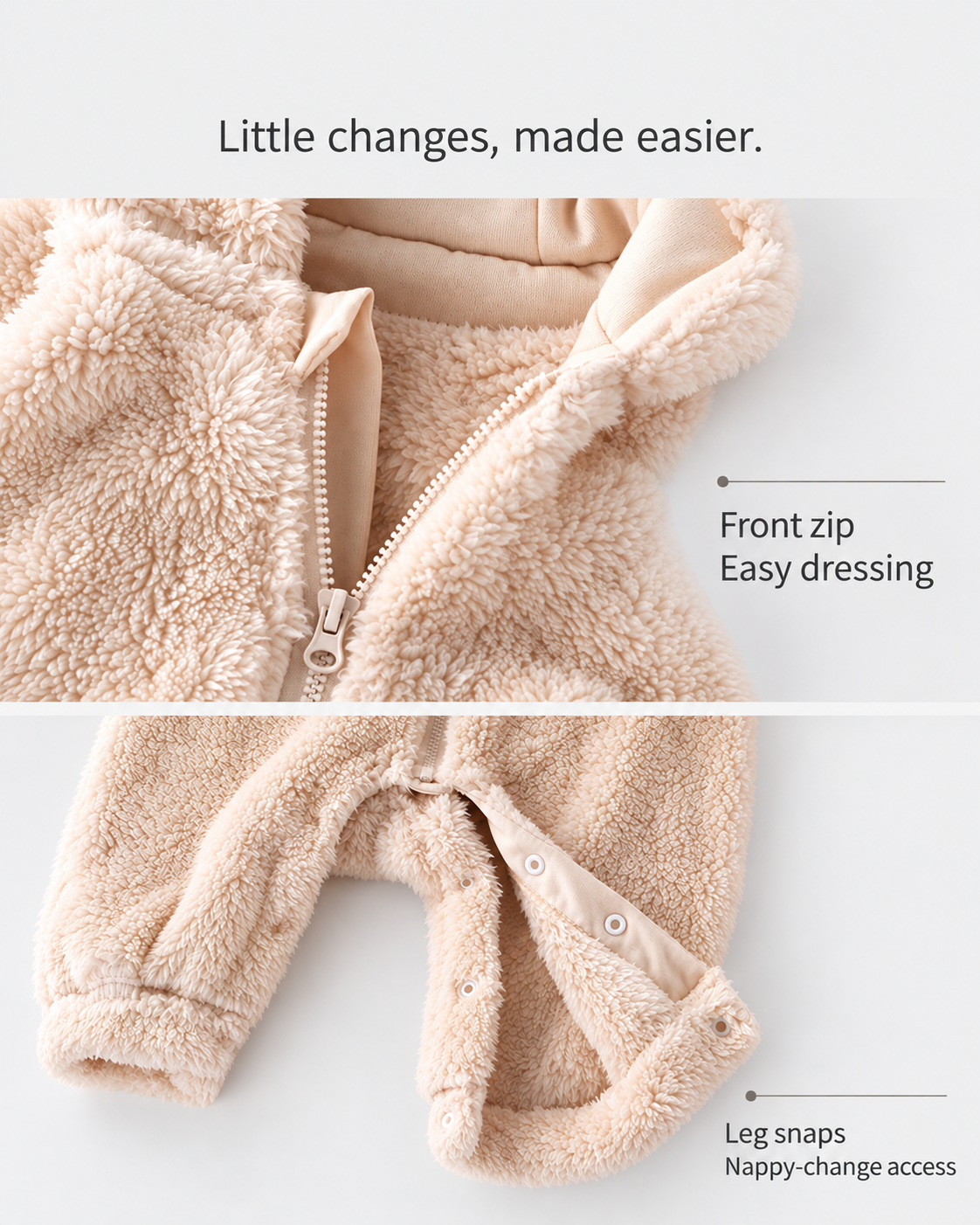 Heart Pocket Bear Jumpsuit — front zip for easy dressing and leg snaps for nappy-change access