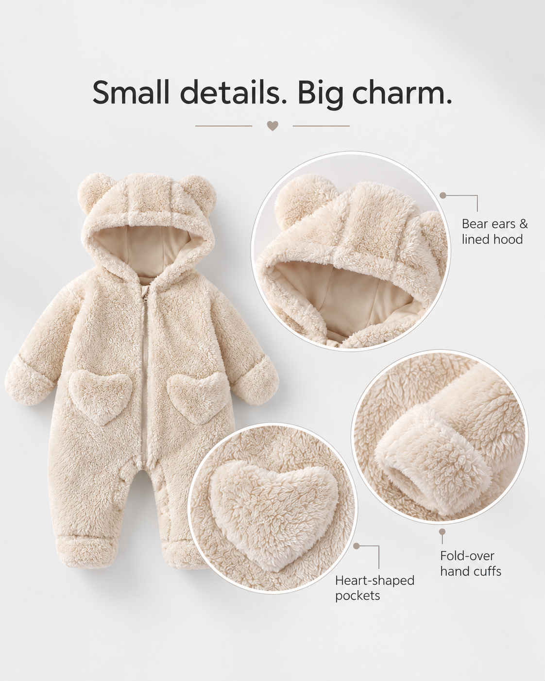 Heart Pocket Bear Jumpsuit — bear ears, lined hood, heart pockets and fold-over hand cuffs