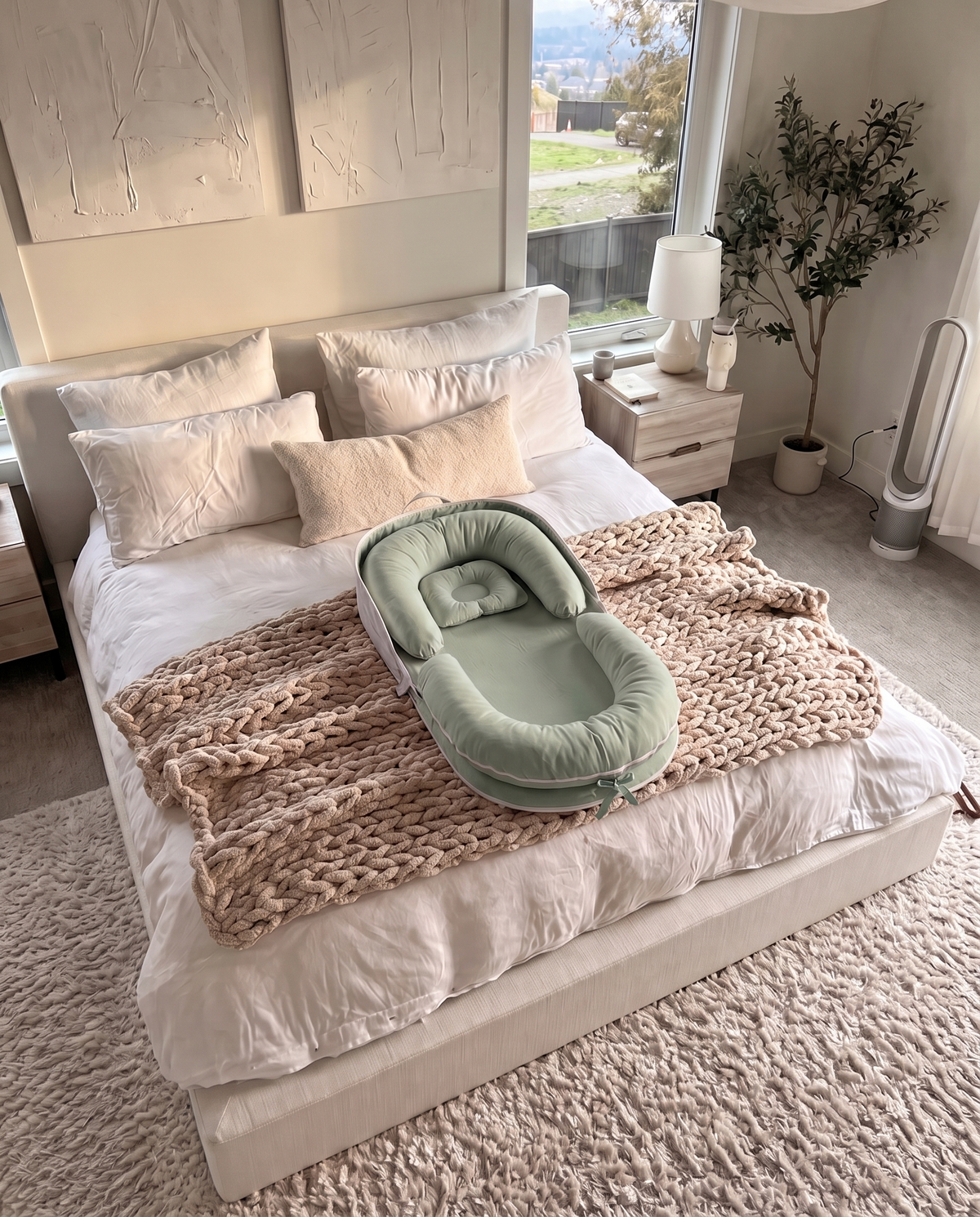 A light sage green baby bassinet with a matching footmuff is styled on a bed with white linens and a chunky knit beige blanket in a bright, modern bedroom.
