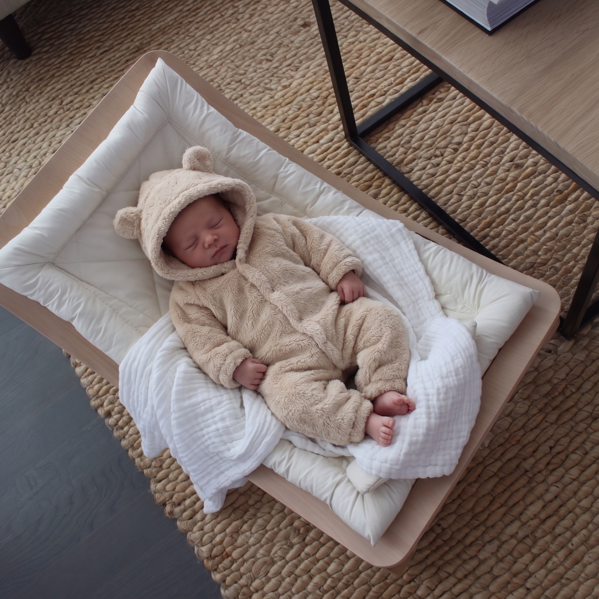 A newborn baby wearing a beige fleece hooded onesie with bear ears lies on a white muslin mattress inside a wooden bassinet, placed on a woven rug in a living room setting.