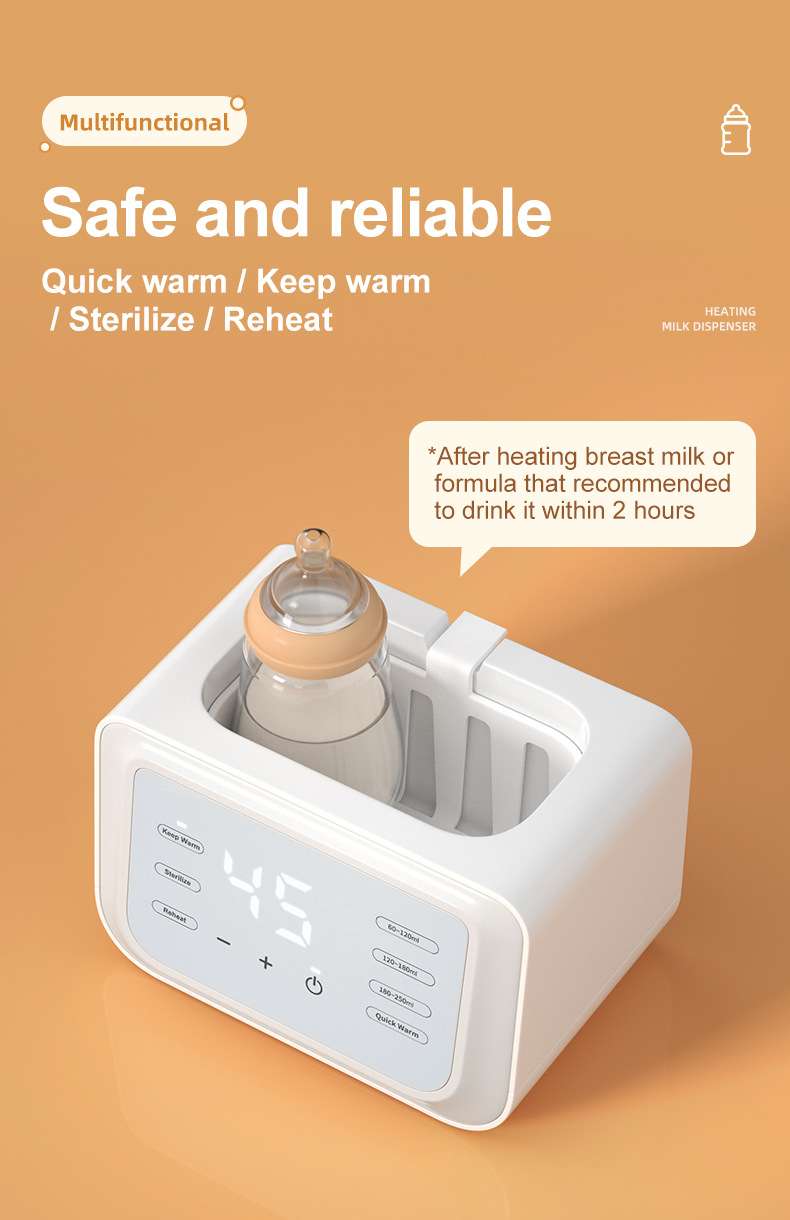 Multifunctional baby bottle warmer with text on a beige background