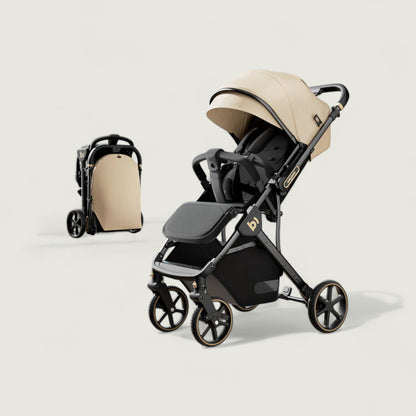 Black and beige stroller with matching backpack on a light background
