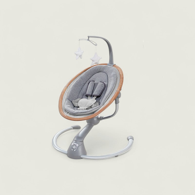 Baby swing with gray cushion and wooden frame on a light beige background