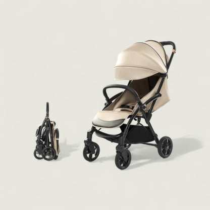 Beige stroller with folded umbrella on a light beige background