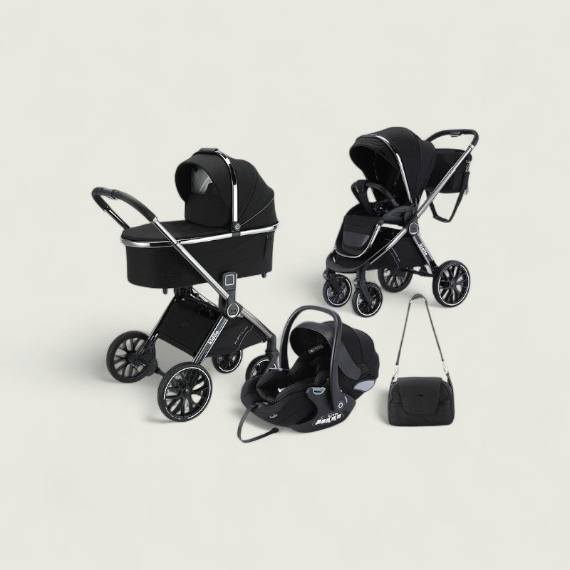 Black baby stroller, car seat, and bag on a light beige background