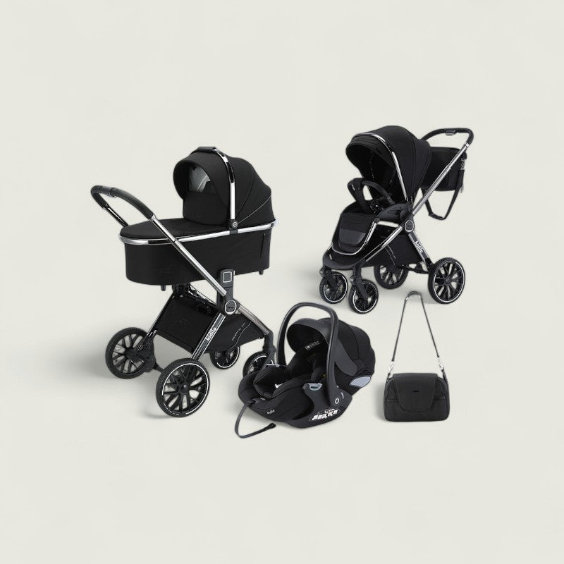 Black baby stroller, car seat, and bag on a beige background