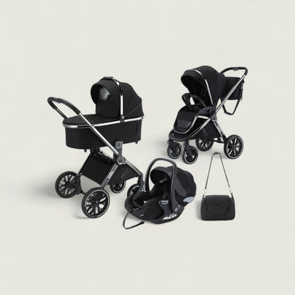 Black baby stroller, car seat, and bag on a beige background