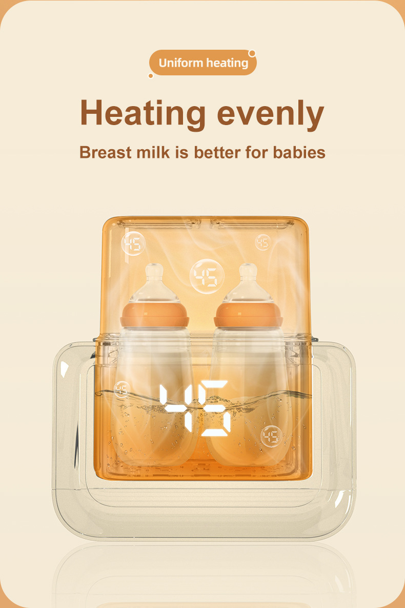Product packaging for a breast milk warmer with text about uniform heating and the benefits of breast milk.