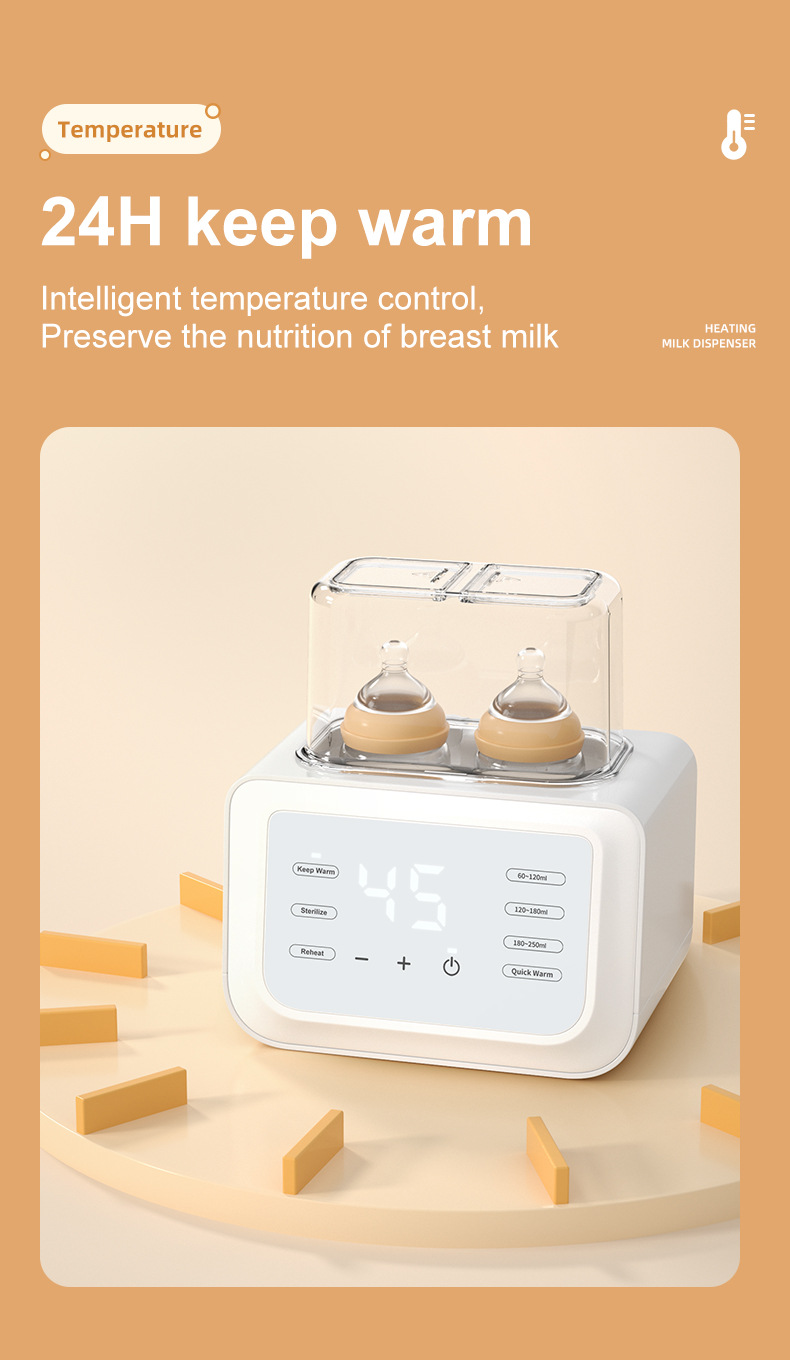 Breast milk warmer with temperature control feature on a beige background