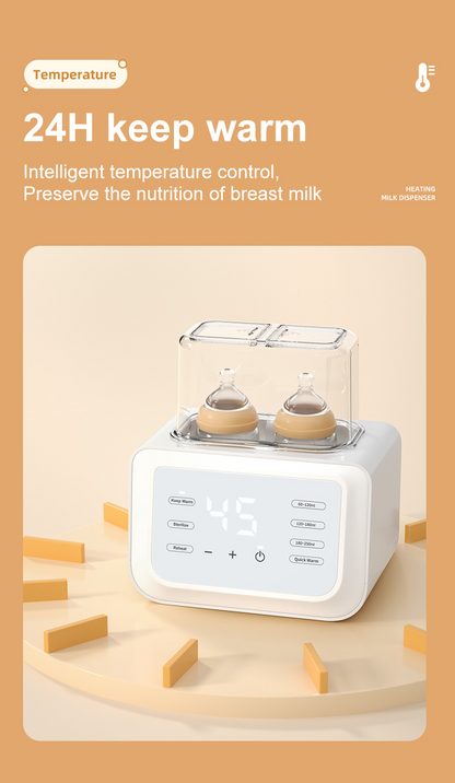 Breast milk warmer with temperature control feature on a beige background