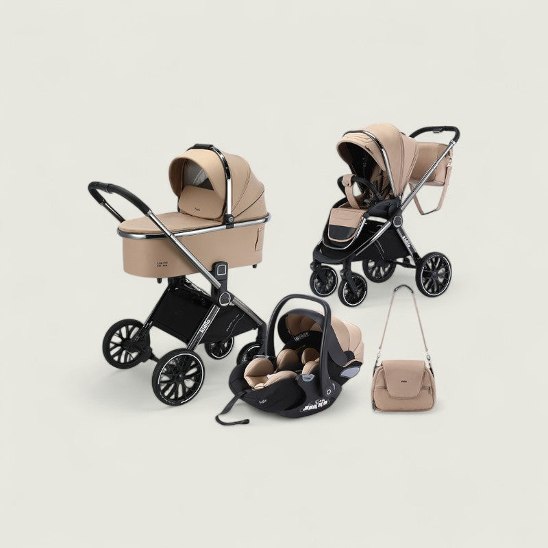 Beige and black baby stroller set with car seat and bag on a light background
