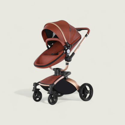 Brown and black stroller on a beige background