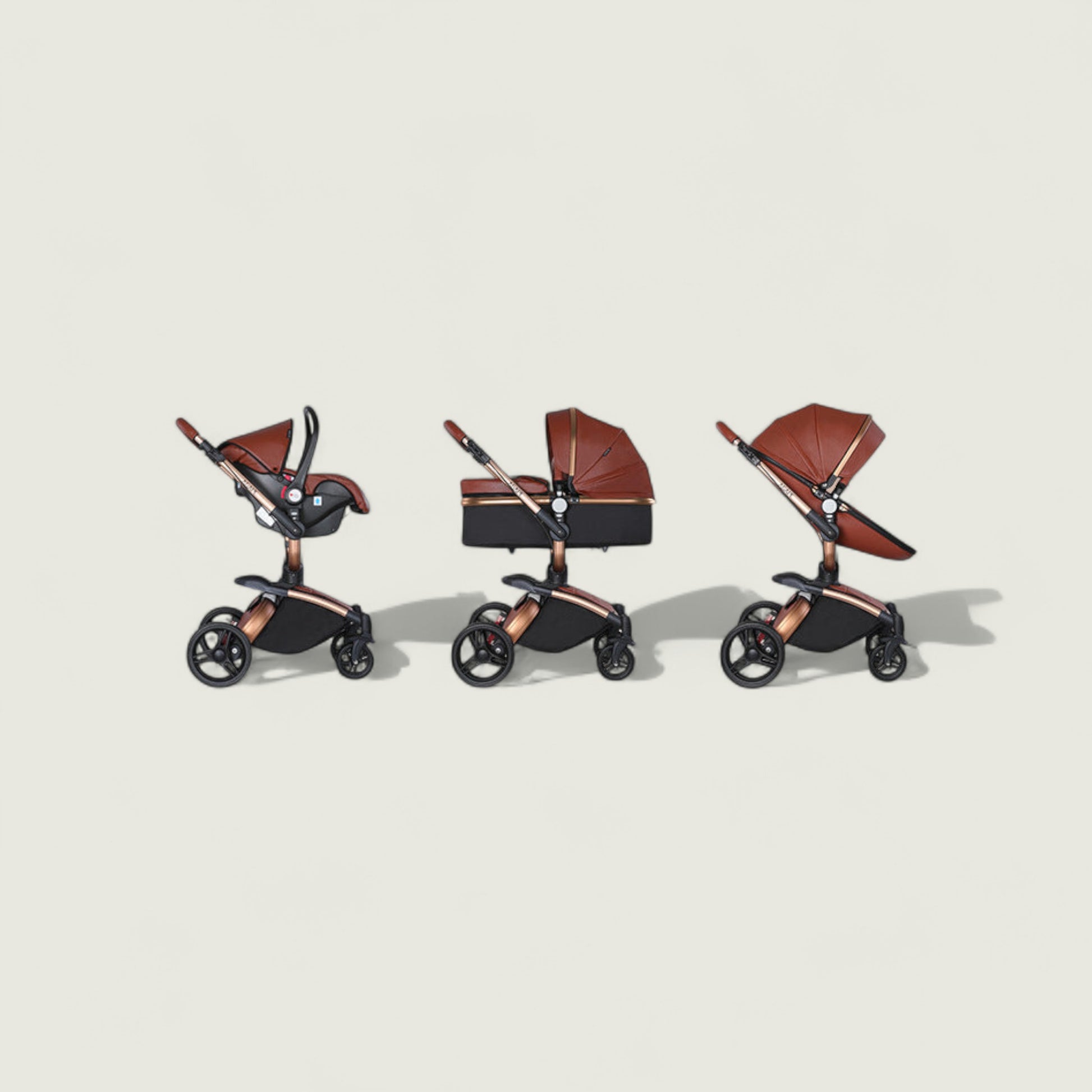 Three baby strollers with brown seats and black frames on a beige background